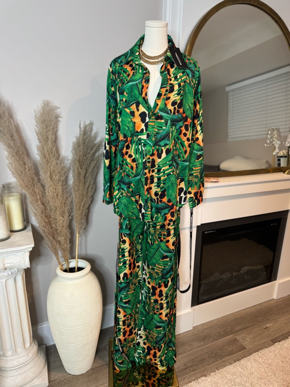 PrettyLittleThing Green and Orange Tropical Print 2 Piece set